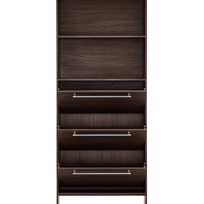 3 Flip Drawers Shoe Cabinet For Hallway. Solid , Walnut Hue. Metal Handles, Spacious Storage With And Open Shelves. Living Room Storage. Color, Modern Look