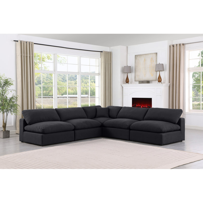 Canapé modulaire 5 pièces rembourré, Tissu texturé en lin noir