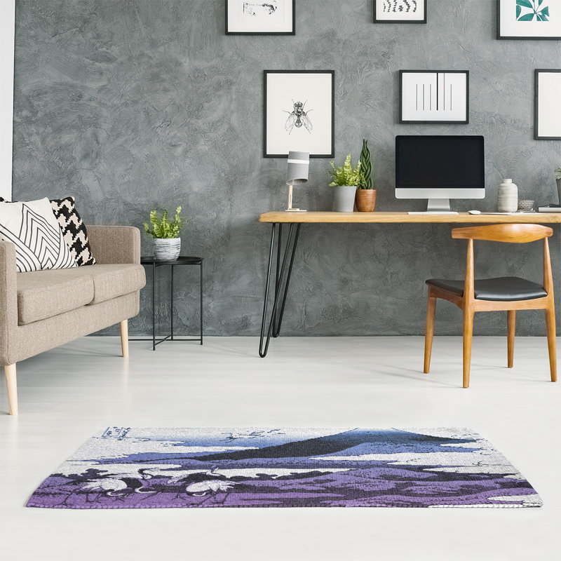 Tapis en chenille mauve/bleu/noir de grues japonaise, Rectangle 2 pi x 3 pi
