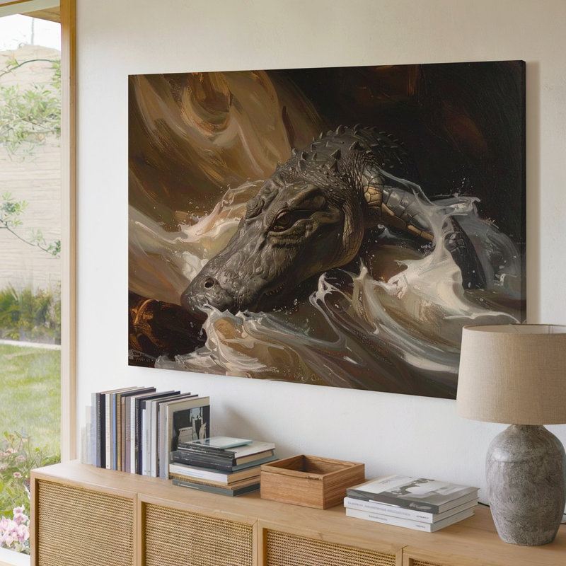 Toile, crocodile dramatique dans les eaux turbulentes, H 9 po x l 12 po