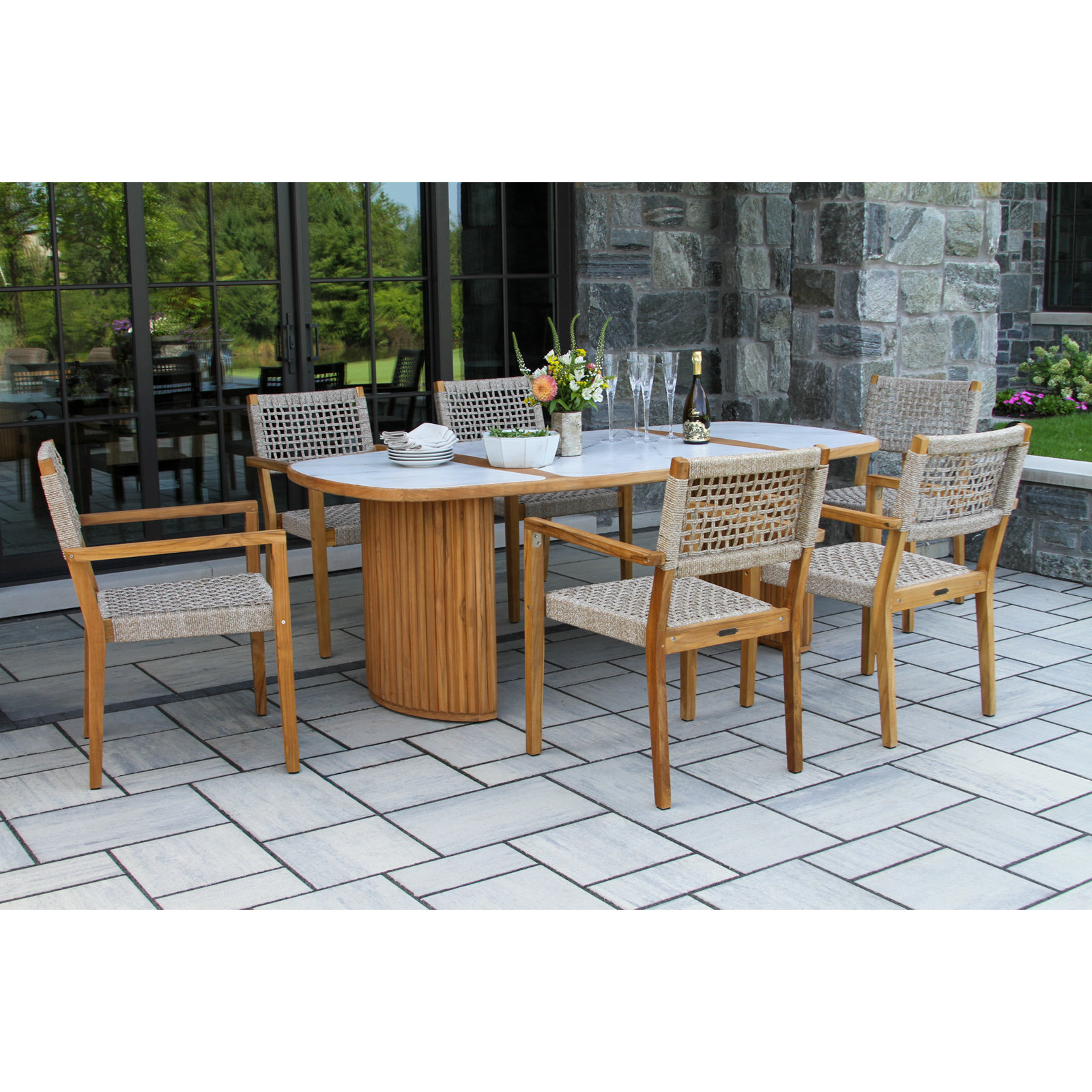 Cava 7 Pc. Teak & Rope Oval Dining Set With Orobico Stone Top, White