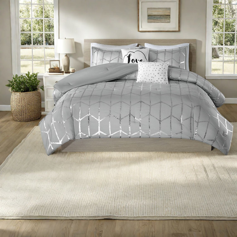 Geometric Grey & Silver Comforter Bedding Set For Modern Home