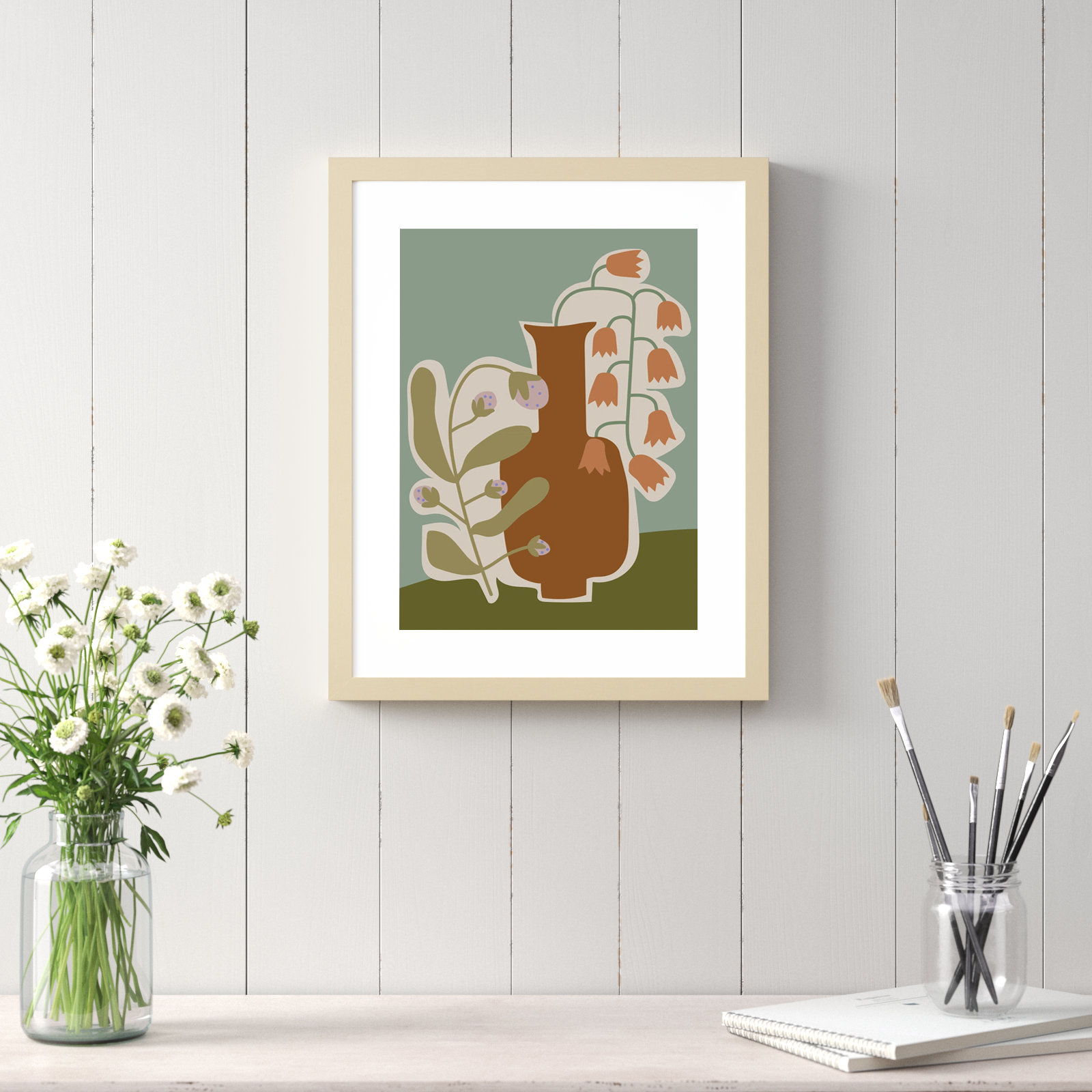 Expressive Abstract House Plant Terracotta Vase Framed On Paper by The Creative Bunch Studio Print, Brown