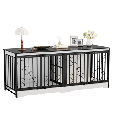 Meuble de 71 po pour cage double 71 po, chenil très grand pour 2 chiens de taille moyenne / grande, cage robuste pour chien avec cloison, maisonnette en bois décorative pour meuble télé et table de bout - blanc