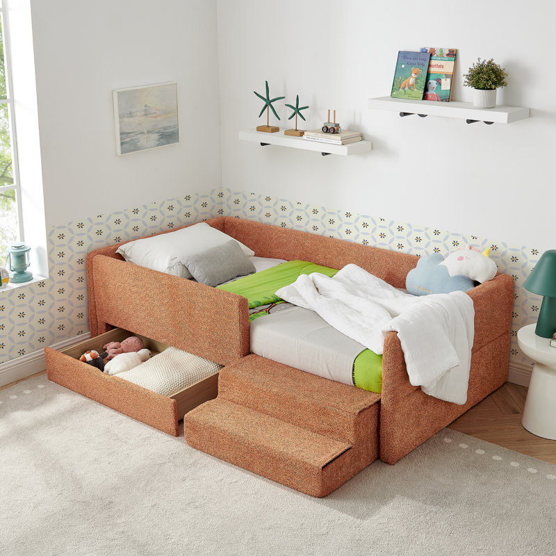 Lit pour enfant multifonctionnel avec rangement Safe, tissu Boucle, style moderne