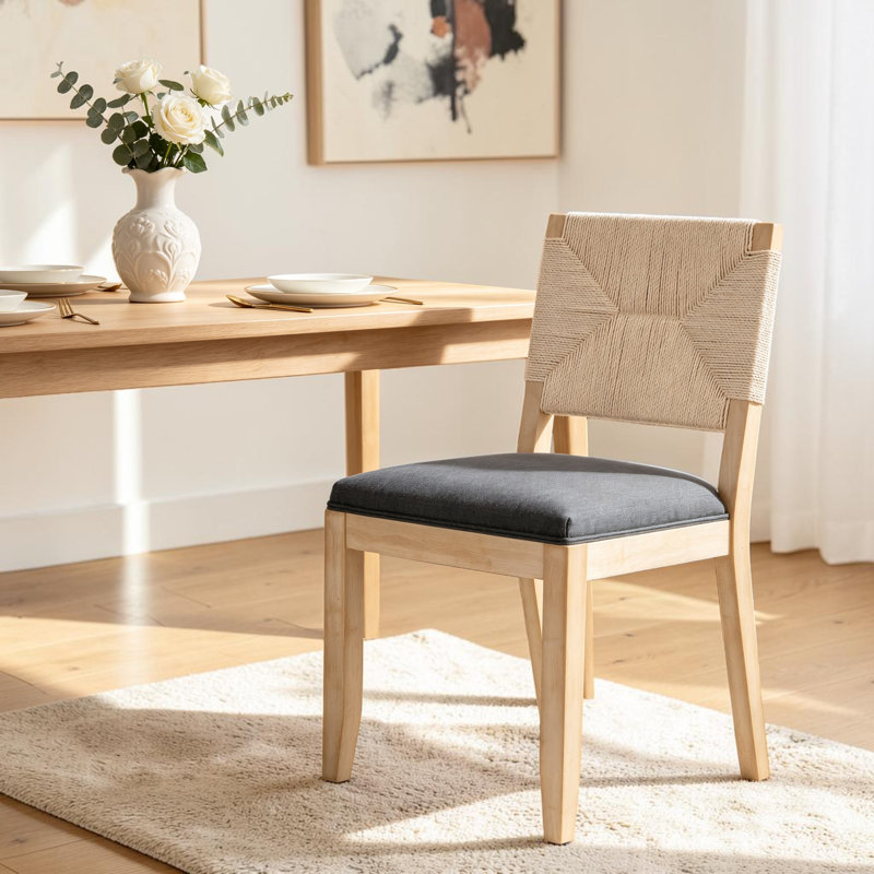 Chaises de salle à manger rembourrées Amando French Country, chaises en bois Boho avec dossier tissé et siège en lin, structure en bois massif