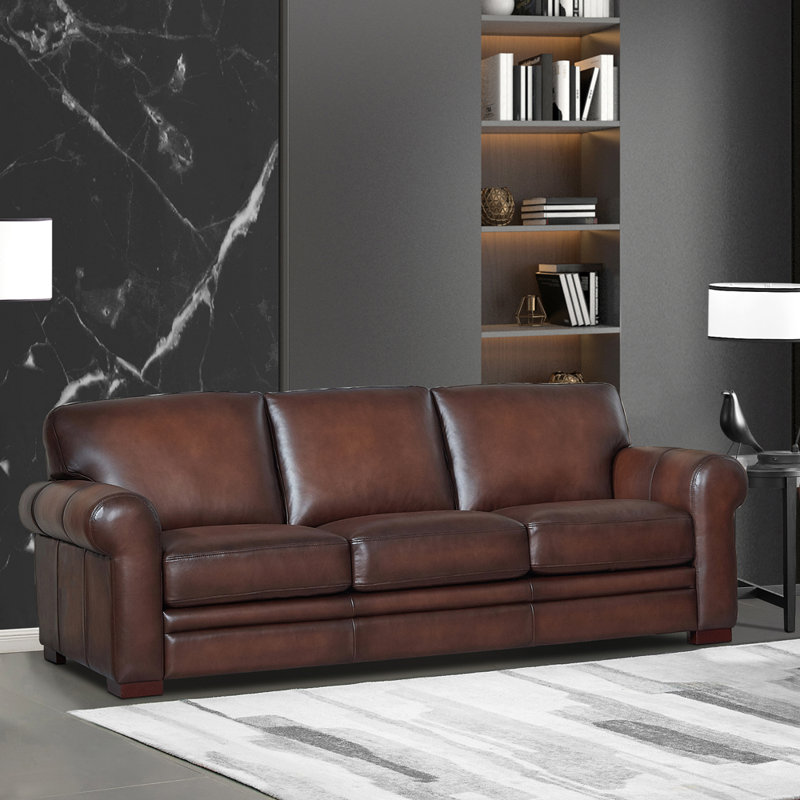 95'' Caramel Brown Leather Sofa with Solid Wood Frame