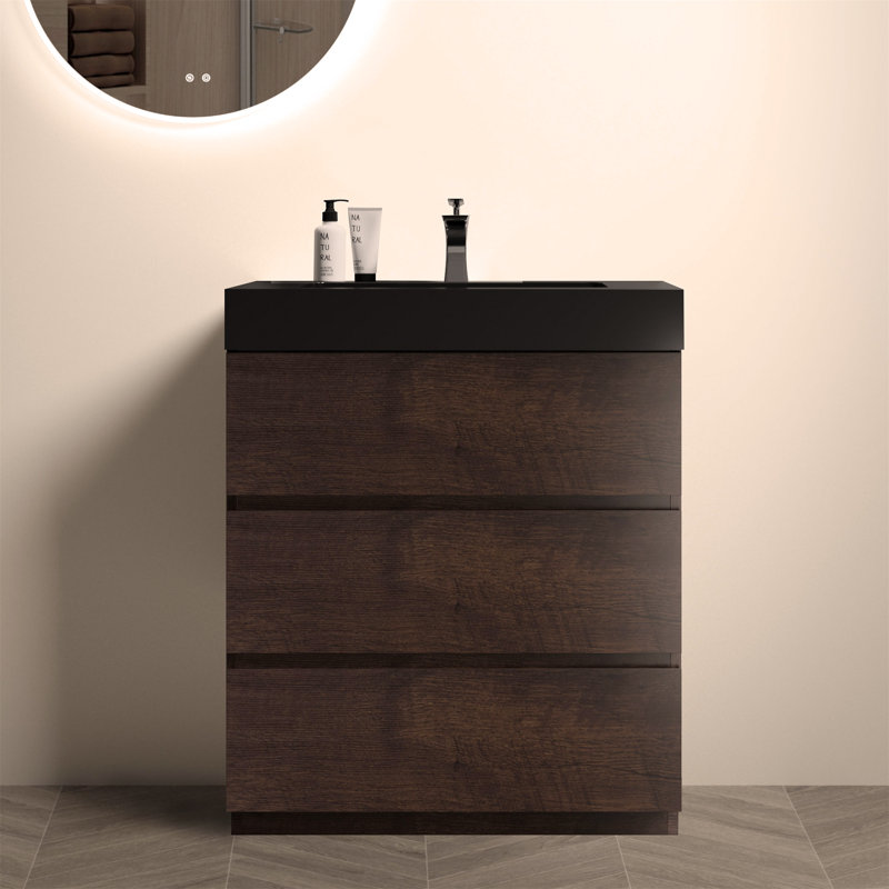 Meuble-lavabo autoportant de 30 po avec lavabo et grand rangement pour salle de bain, Noyer, Noir, noir, noir, noir