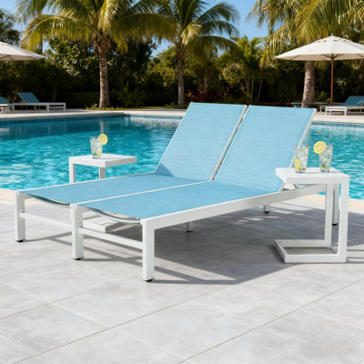 76.8" Long Reclining Aluminum Double Chaise Lounge Set with Tables