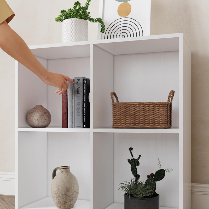 Latitude Run® Bookcase, 4 Cube Open Storage Organizer Display Bookshelf, Ivory White
