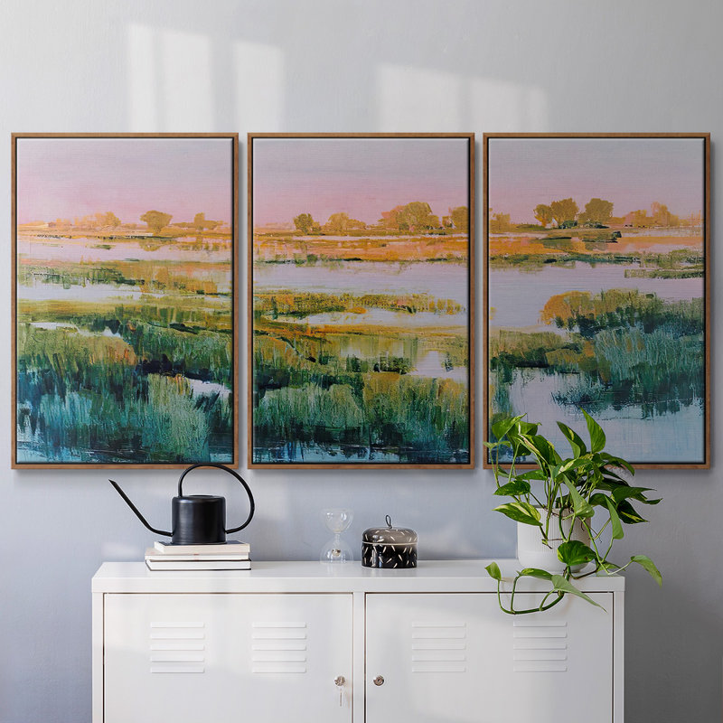 Marshland View I, ensemble de 3 toiles encadrées, Cadre noyer, H 36 po x l 75 po x P 2 po
