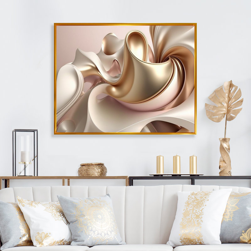 Subtile sophistication en rose exquis et or I - art abstrait à encre liquide, H 12 po x l 20 po, Gold