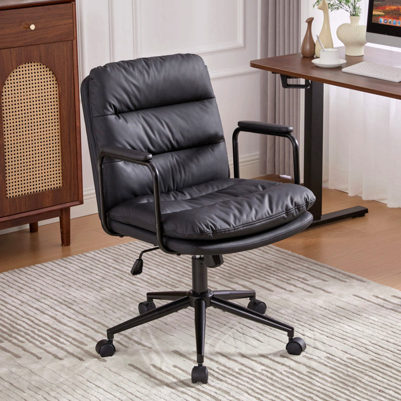 Black Office Chair, Mid Back Home Office Desk Task Chair, With Wheels And Arms, Ergonomic Pu Leather Computer Rolling Swivel Chair, With Padded Armrest, The Back Of The Chair Can Recline 40°, Sw1741bk