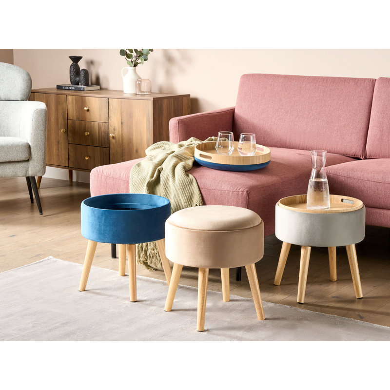 Bolinas 39cm Wide Velvet Round Solid Colour Footstool Ottoman with Storage, Beige