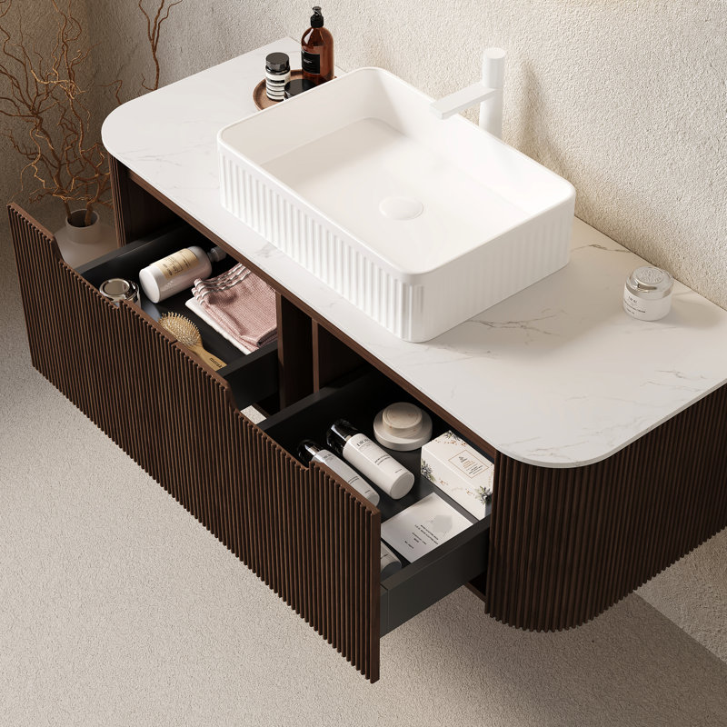 Meuble-lavabo 48 po, lavabo en céramique blanche, armoire rayée 3D noyer foncé, 2 tiroirs, rangement spacieux, comptoir, système de fermeture en douceur, pré-assemblé