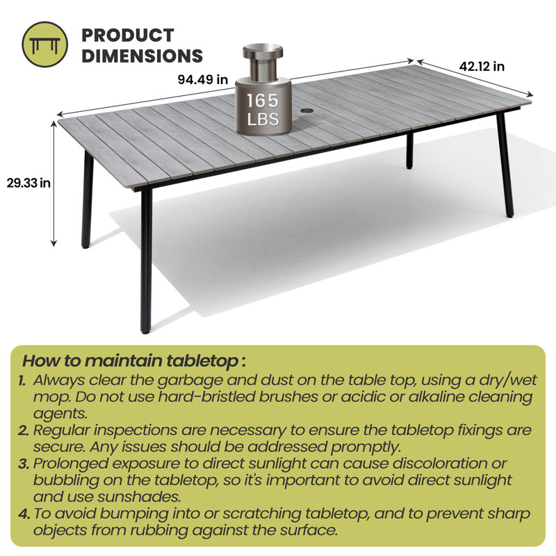 Patio Dining Table With Umbrella Hole and Aluminum Frame, 29.13" H x 94.5" L x 42.12" W, Gray