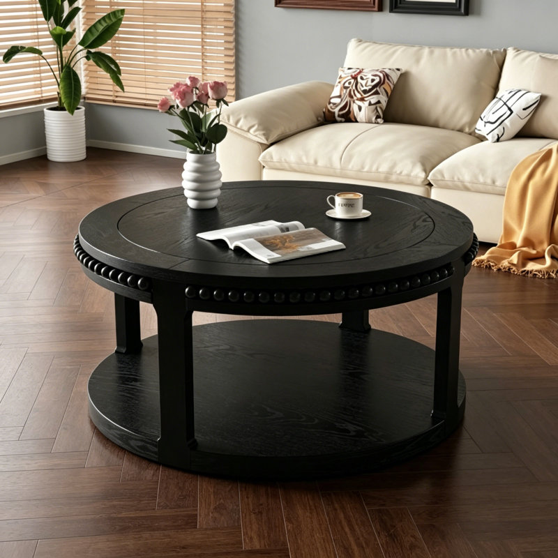 2-Tier Round Coffee Table, Solid Wood End Table with 4 Legs, 100 lbs Per Tier, High-Gloss Lacquer Finish, Easy Assembly for Living Room