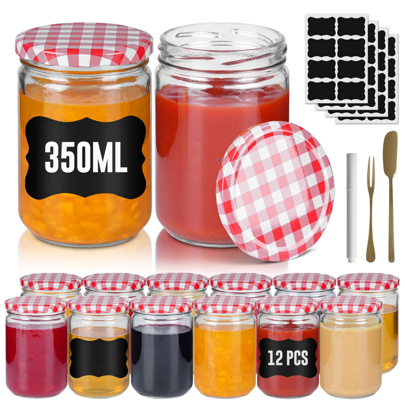Glass Jam Jars Set of 12 Clear Airtight Storage Glass Jars Including Labels & Pen, Ideal for Marmalade, Chutney, Jam, Pickle