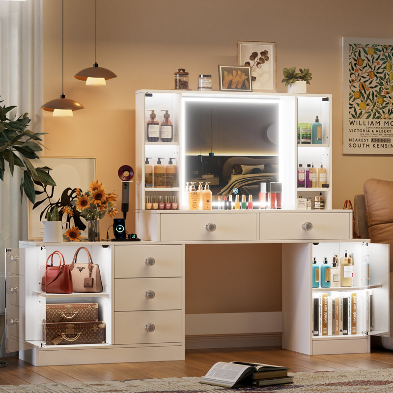 Bureau de maquillage pour coiffeuse avec miroir lumineux à DEL et prise de courant, coiffeuse avec 3 modes d'éclairage, luminosité réglable, 5 tiroirs et 4 armoires RVB, convient aux chambres à coucher, blanc