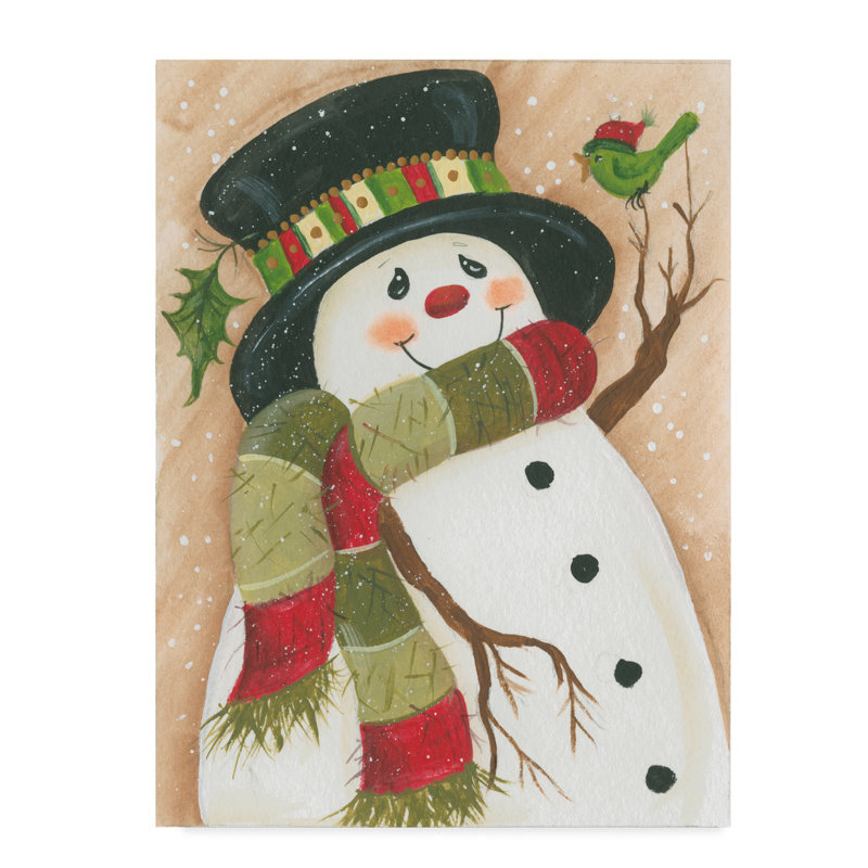 « bonhomme de neige avec oiseau vert », art sur toile, H 19 po x l 14 po x P 2 po