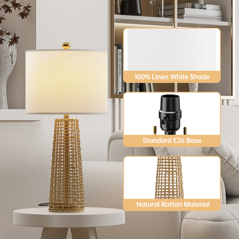 26.5'' Dimmable Traditional Rattan Table Lamp For Living Room/Bedroom, Gold