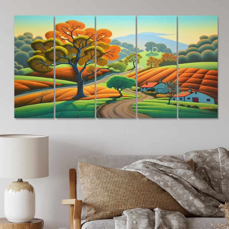 Automne, beauté montagnarde, sérénité, peinture I - prairie, art mural sur toile - 5 panneaux égaux