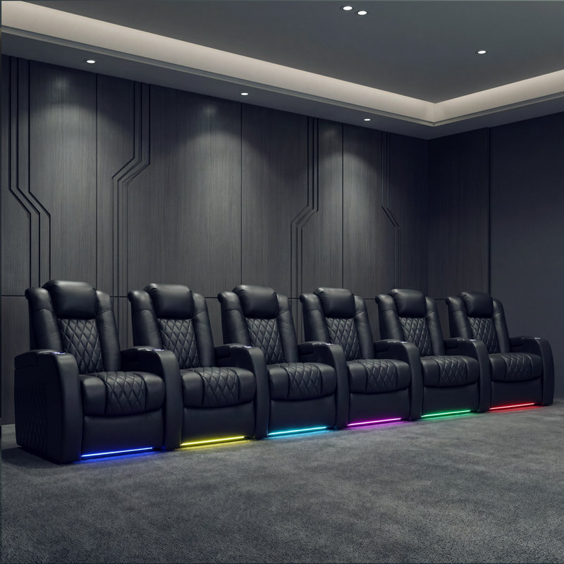 Fauteuil inclinable électrique berçant en cuir véritable avec éclairage ambiant à DEL 7 couleurs, appui-tête réglable, charge USB et porte-gobelet pour le cinéma maison