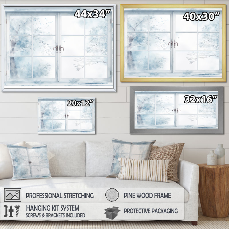 Frosty Winter Window View - Winter Landscape, art mural, H 12 po x l 20 po x P 1 po, Cadre doré à coins fermés