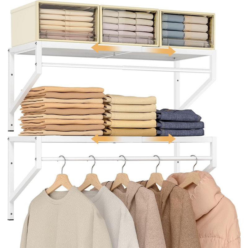 Tablettes de placard extensibles murales, ensemble de 2 tablettes de rangement avec tringles de suspension, tablettes murales pour garde-robe, organisateur de tablettes suspendues et rangement pour garde-robe, buanderie