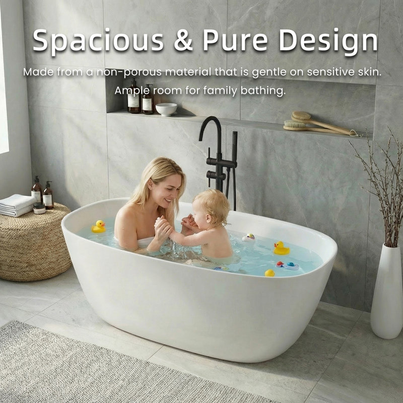 Baignoire autoportante à surface solide de 71 po Pensen, baignoire ovale en résine de trempage en pierre avec trop-plein et bonde escamotable, baignoire autoportante blanc mat, certifiée Cupc