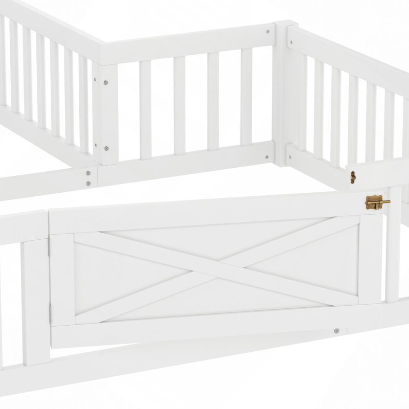 Lit maison, lit double avec porte et garde-corps pleine longueur, conception multifonctionnelle, Blanc, Lit double