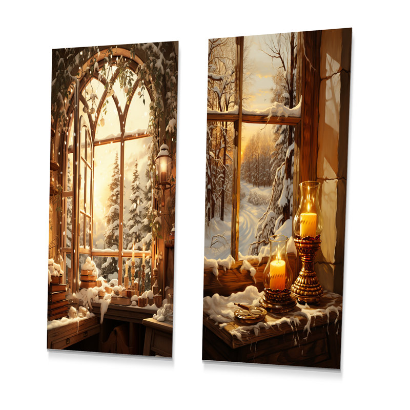«Christmas Winter Window View I - Winter Landscape», ensemble de 2 impressions sur métal, H 32 po x l 32 po