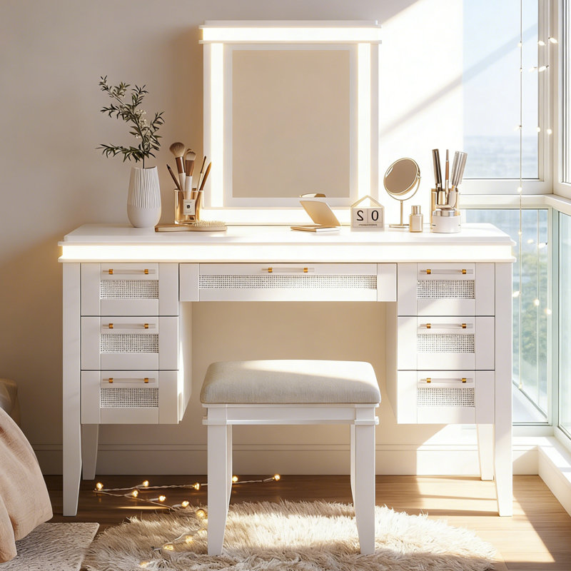 48" Makeup Vanity Set With Stool, LED Lighted Mirror, 7 Drawers Storage, Contemporary, Bedroom Dressing Area, Light Beige