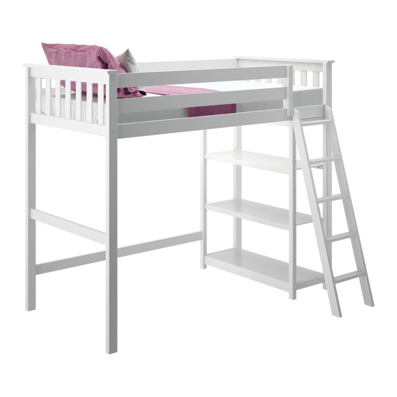 Twin Solid Wood Slat Loft Bed with Bookcase, White