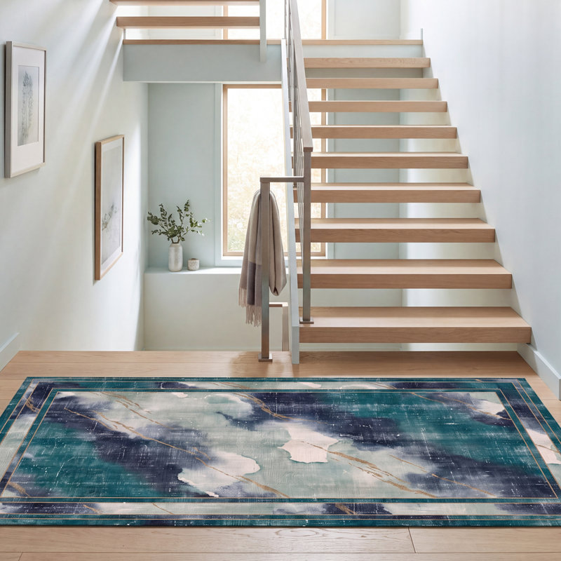Tapis Somerset moderne à l'aspect vieilli, aquarelle abstraite, bleu sarcelle et blanc, lavable à la machine, antidérapant, à poils courts, pour l'intérieur et l'extérieur, adapté aux animaux domestiques, idéal pour le salon, la chambre, la salle à manger, l'entrée, le couloir ou le bureau.