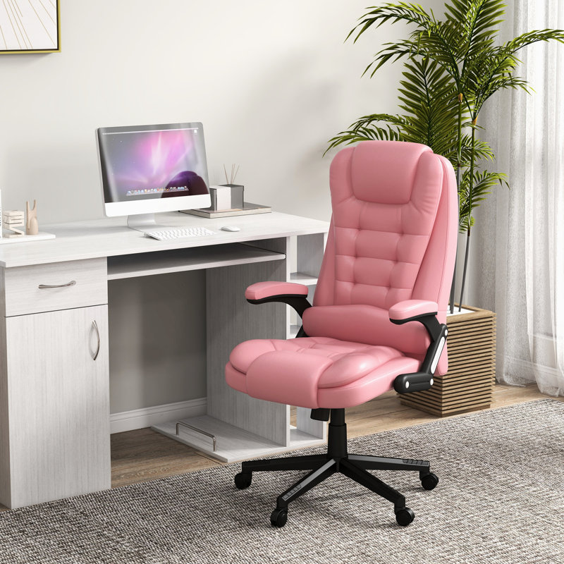 Chaise de bureau de massage à haut dossier avec 6 points de vibration et fauteuil chauffant inclinable en cuir PU avec accoudoirs et télécommande, rose