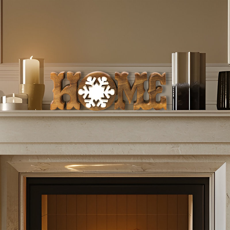 Elegant Handmade Wooden HOME Sculpture with Snowflake – Solid Acacia Wood Christmas & Mother’s Day Gift for Home Decor