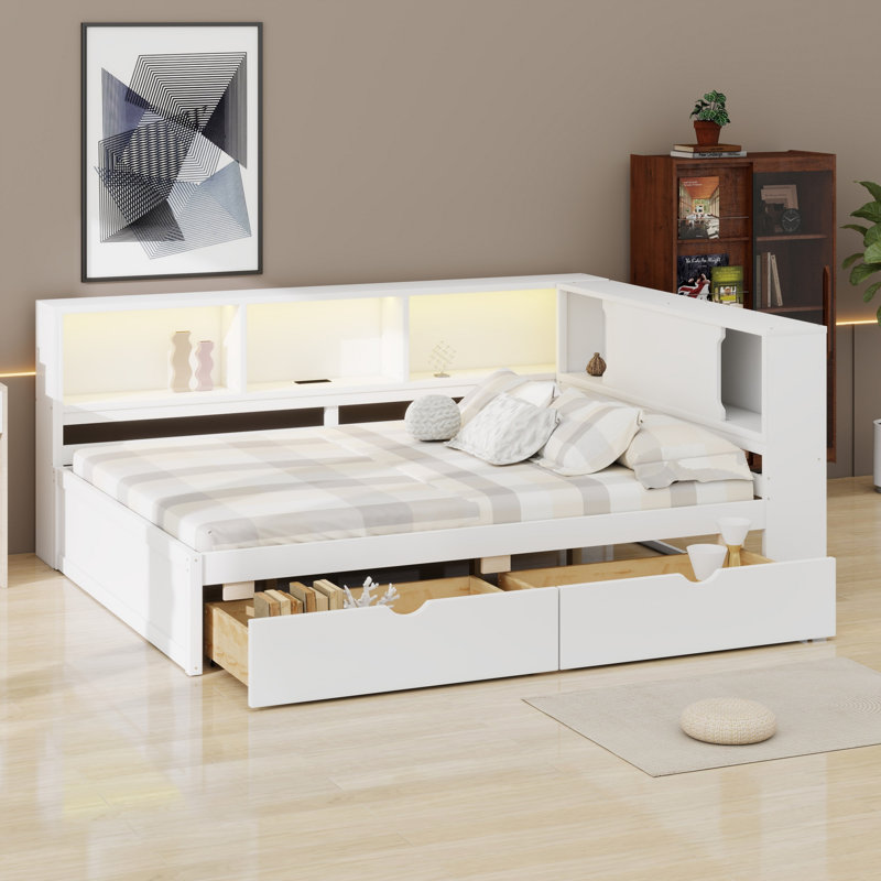 Lit de jour moderne avec tablettes de rangement, USB, DEL et 2 tiroirs pour l'organisation, Blanc