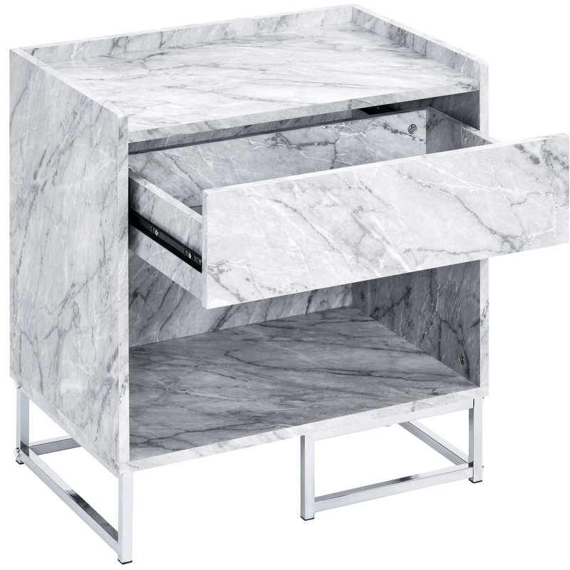 Table d'appoint rectangulaire en faux marbre avec tiroir et garniture de rangement supplémentaire en blanc - tablette pour l'organisation du salon
