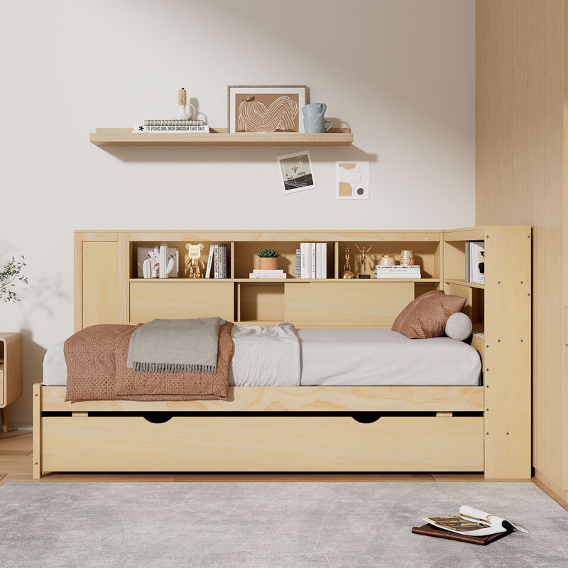 Lit de jour en bois avec tablettes de rangement, USB et lit gigogne, Naturel