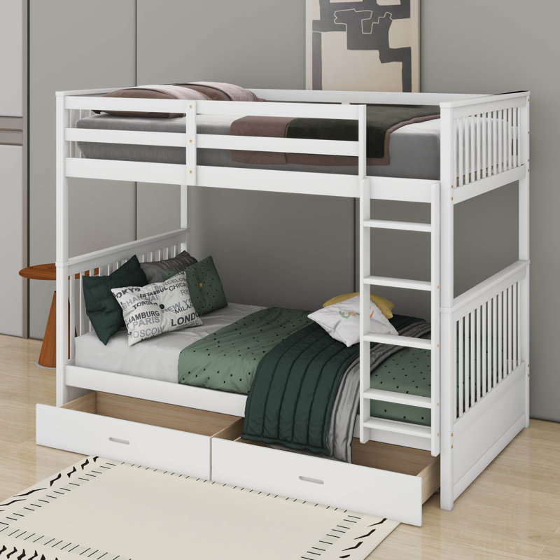 Twin Over Twin Bunk Bed With Ladders And Drawers, White