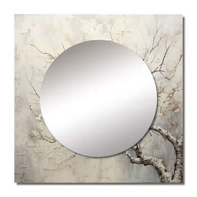 Tree Monochrome Whispers Of Beige - Floral Square Living Room Wall Mirror Art