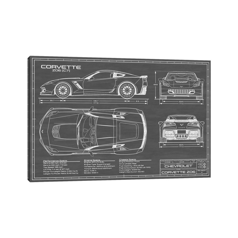 Corvette (C7) Z06-impression de dessin, Pas de tapis, Toile tendue, H 12 po x l 18 po x P 1,5 po