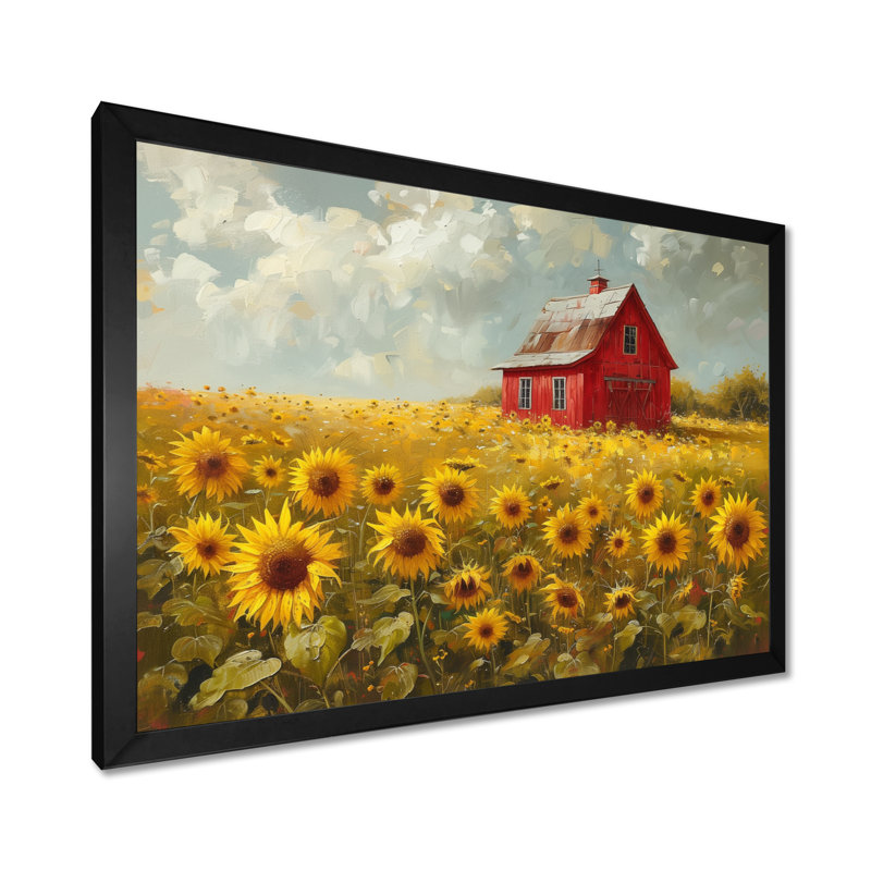 Décoration murale jaune tournesol brun avec une grange rouge - tournesols, H 16 po x l 32 po x P 1 po