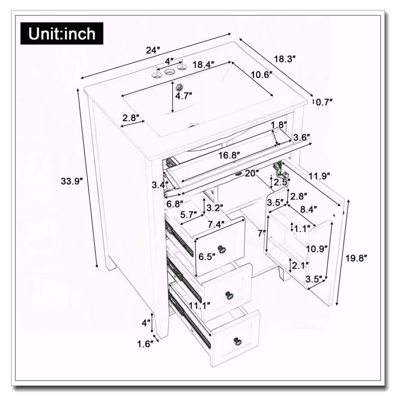 Meuble-lavabo 24 po avec lavabo et rangement spacieux, Noir, 24