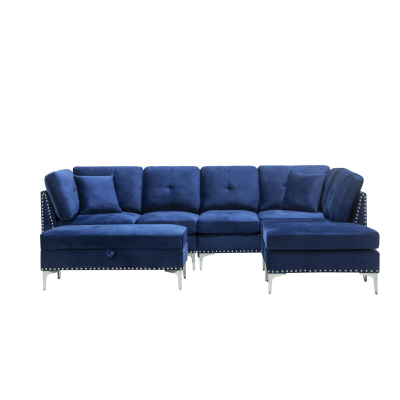 Canapé modulaire en suède Cynthia avec coussins assortis, repose-pieds et banc de rangement gris, Bleu