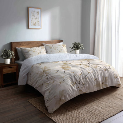 French Country Bedding Set 3 Pcs - Floral Ivory Petals Elegance Duvet Cover And Throw Pillow Set