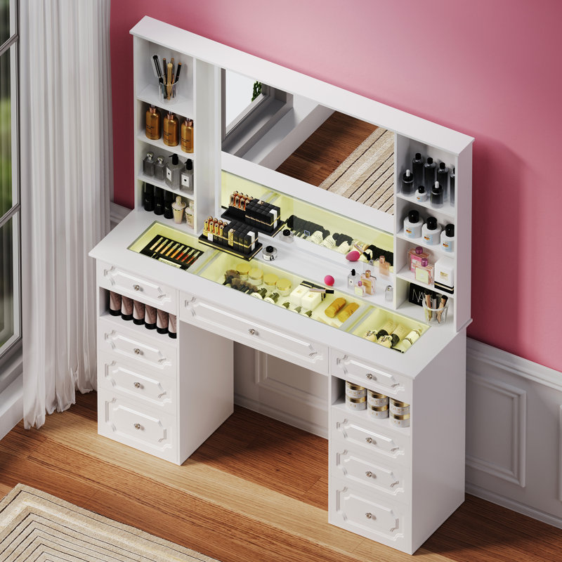 Vanity Set With Extra Large Lighted Mirror, Top Dressing Table With 9 Drawers, Makeup Vanity With Storage Bench, European Style Vanity, Adjustable Brightness Vanity For Bedroom(white-b)