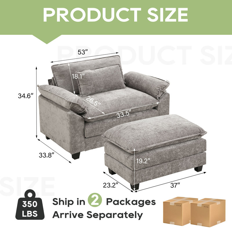 Canapé simple avec repose-pieds de 53 po Adonia Arale, Gris clair