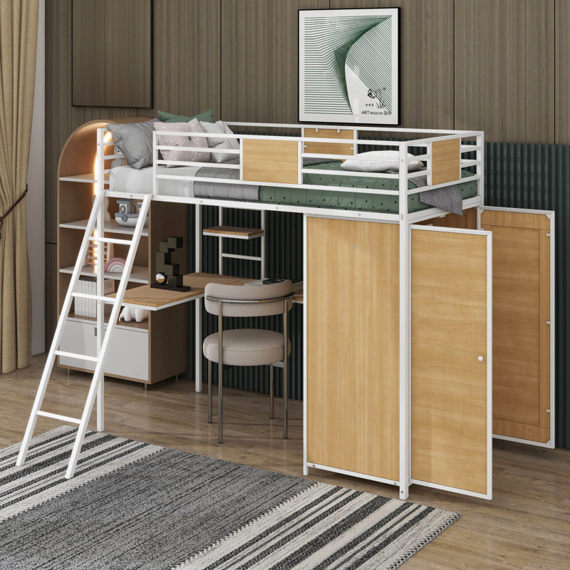 Lit mezzanine simple avec bureau en L et garde-robe, Blanc